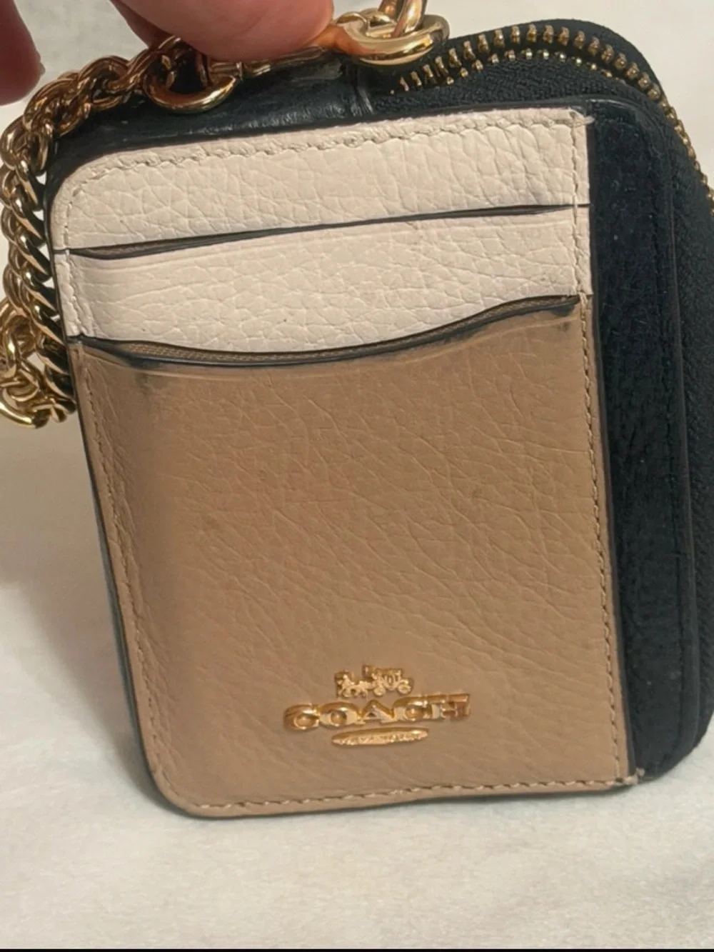 Coach Two-Tone Leather Card Case Key Holder - Beige, White & Black
